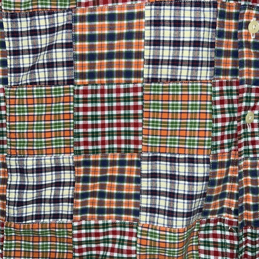 Vtg J. Crew Oarsman Multicolor Patchwork Madras Plaid Button Down Shirt Men XL